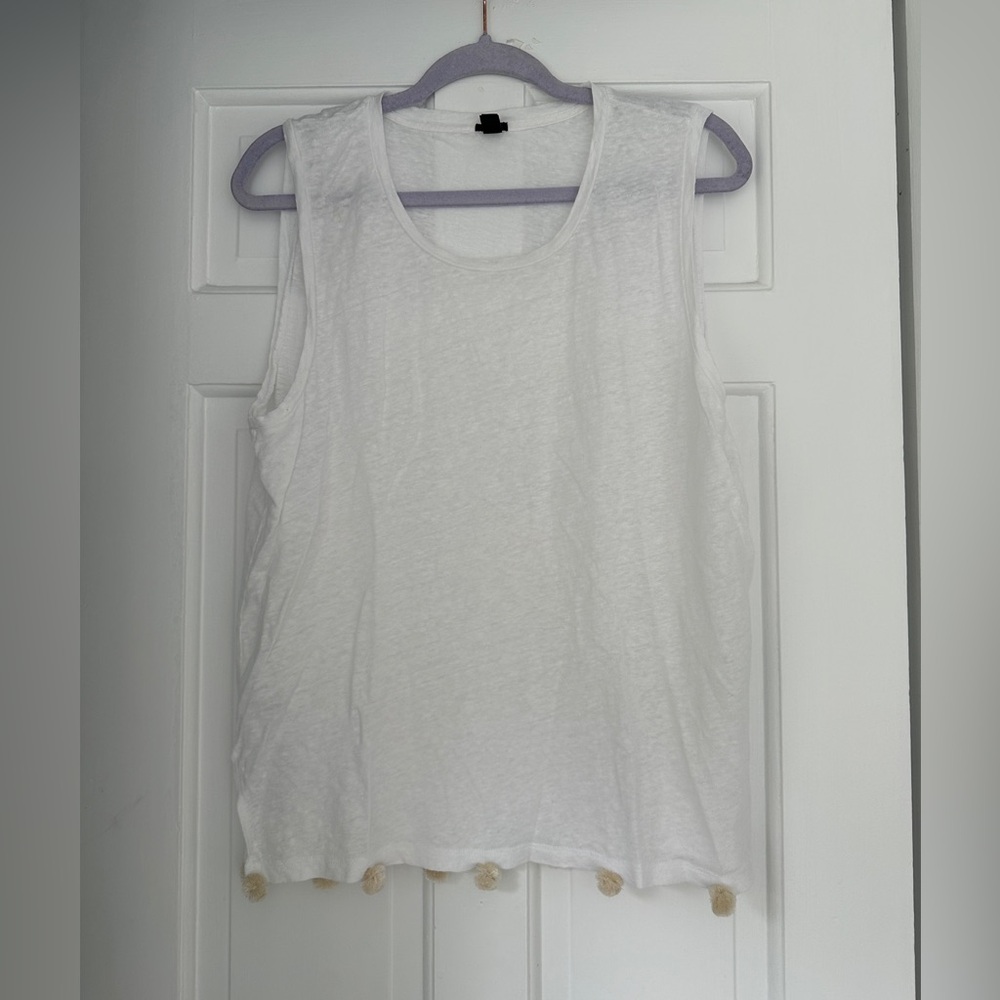 J. Crew White Pom Pom Linen Tank Top in Size Large